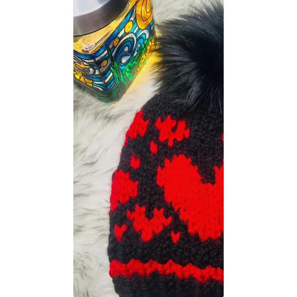Goth Hearts Hand Knit Beanie: Chunky Valentine's Hat with Faux Fur Pom